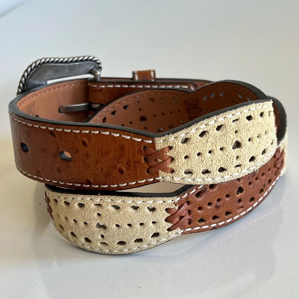 ARIAT Girls Brown Cream Perforated Leather Heart Western Cowgirl Belt Size 24